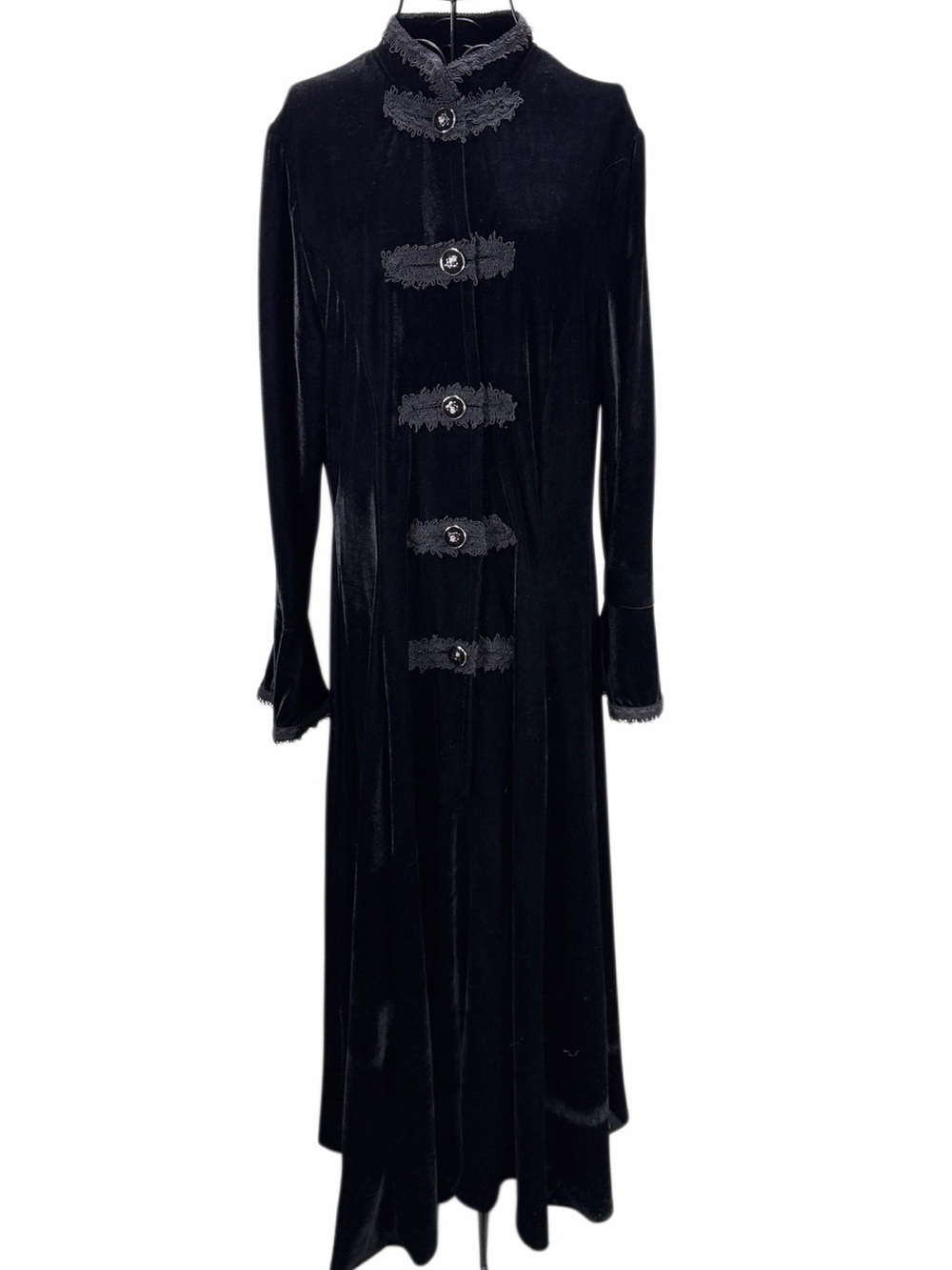 Black Velvet Long Trench Coat with Decorative Buttons